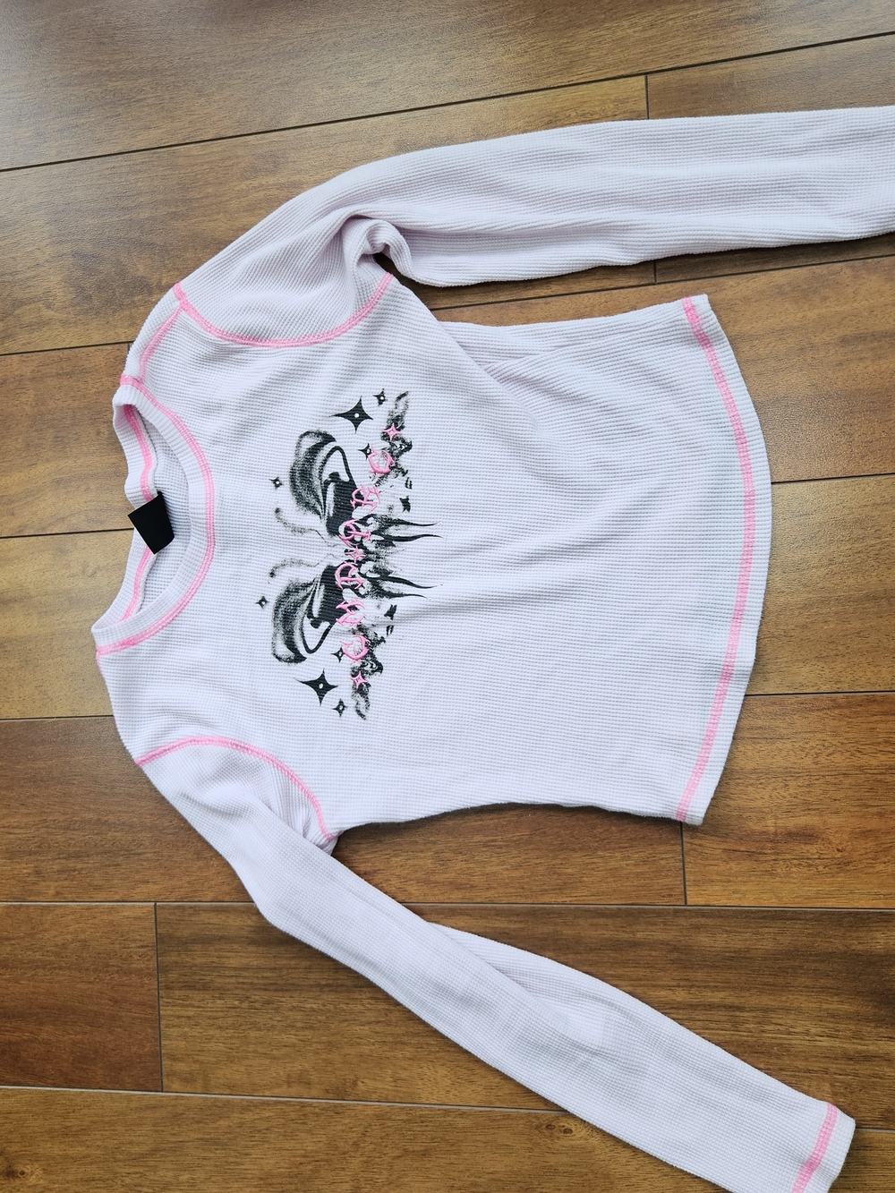 Empire - Light Pink Waffle Thermal Top with Butterfly Print
